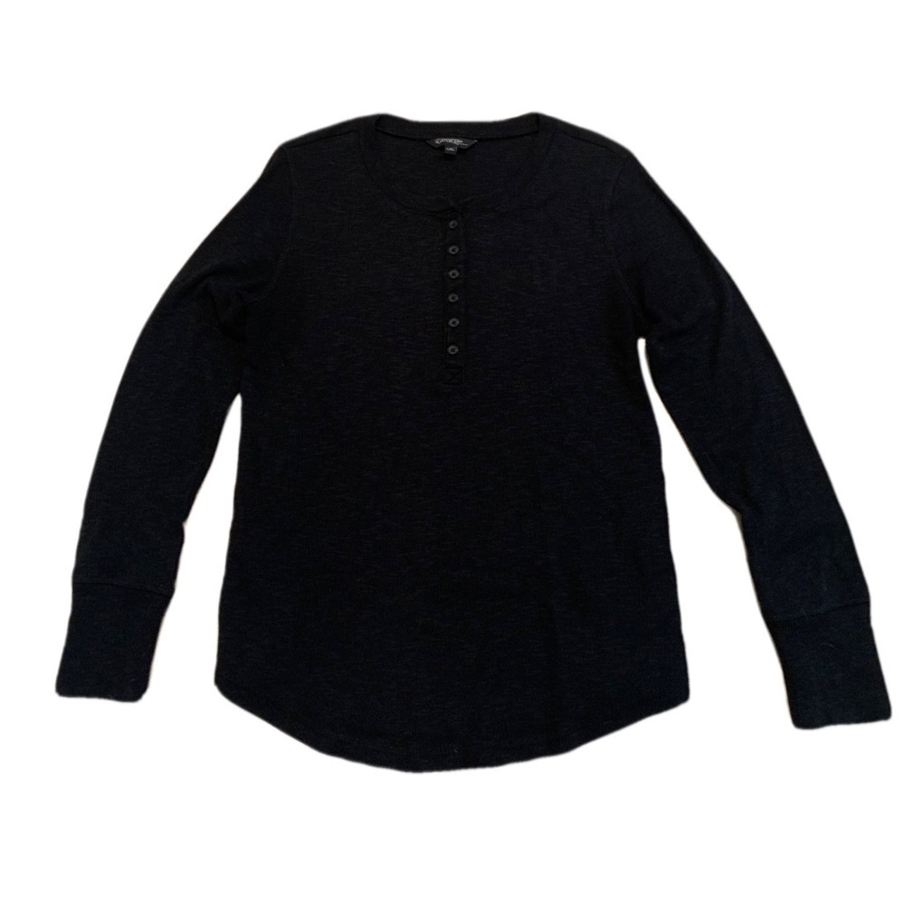 💛 George Black Ribbed Henley Long Sleeve Top - Size Large (L/G)